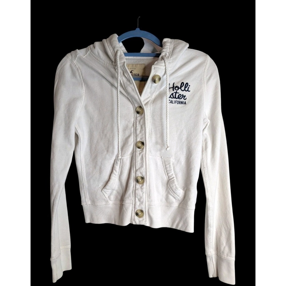 Vtg Hollister Button Hoodie Jacket‎ Size Small White Spellout Y2K Surf Chunky
